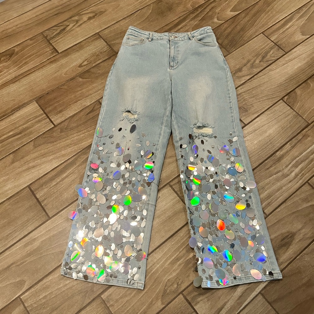 AKIRA Light Blue Holographic Flare Jeans